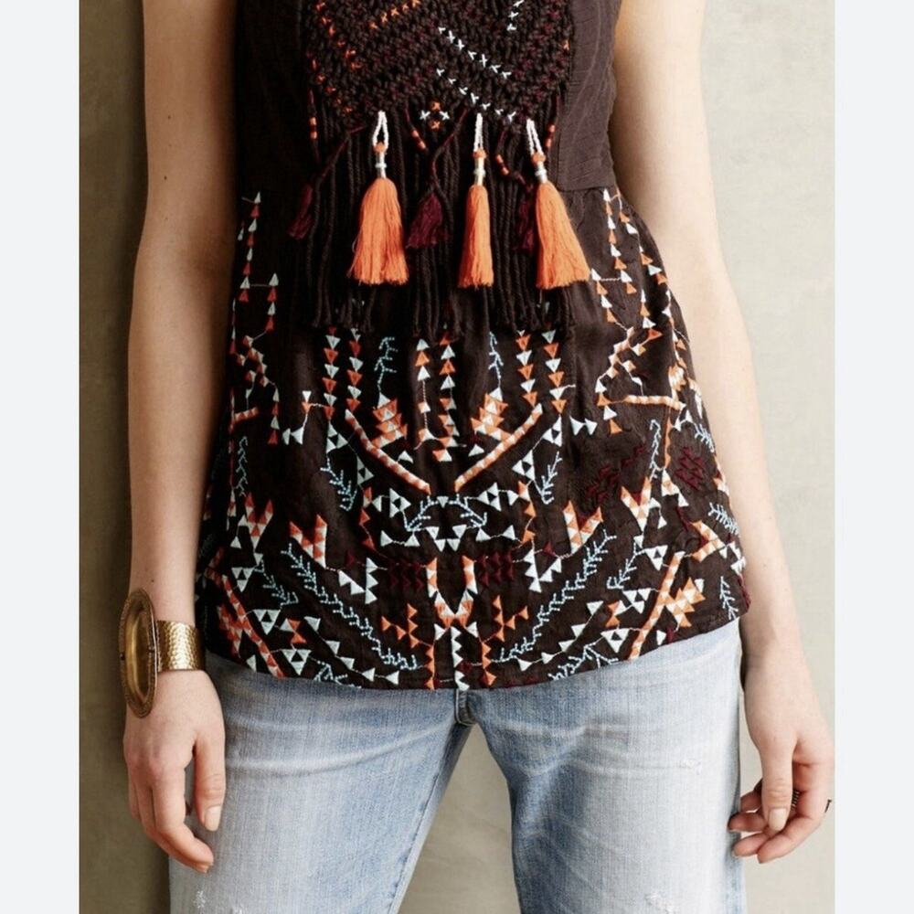 ANTHROPOLOGIE AKEMI + KIN Women’s Brown Orange RIGMAROLE Top Embroidery Tassel S